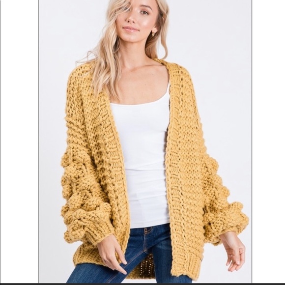 (Sold)Wishlist chunky knit pompom sleeves mustard yellow cardigan size M/L - Picture 2 of 10